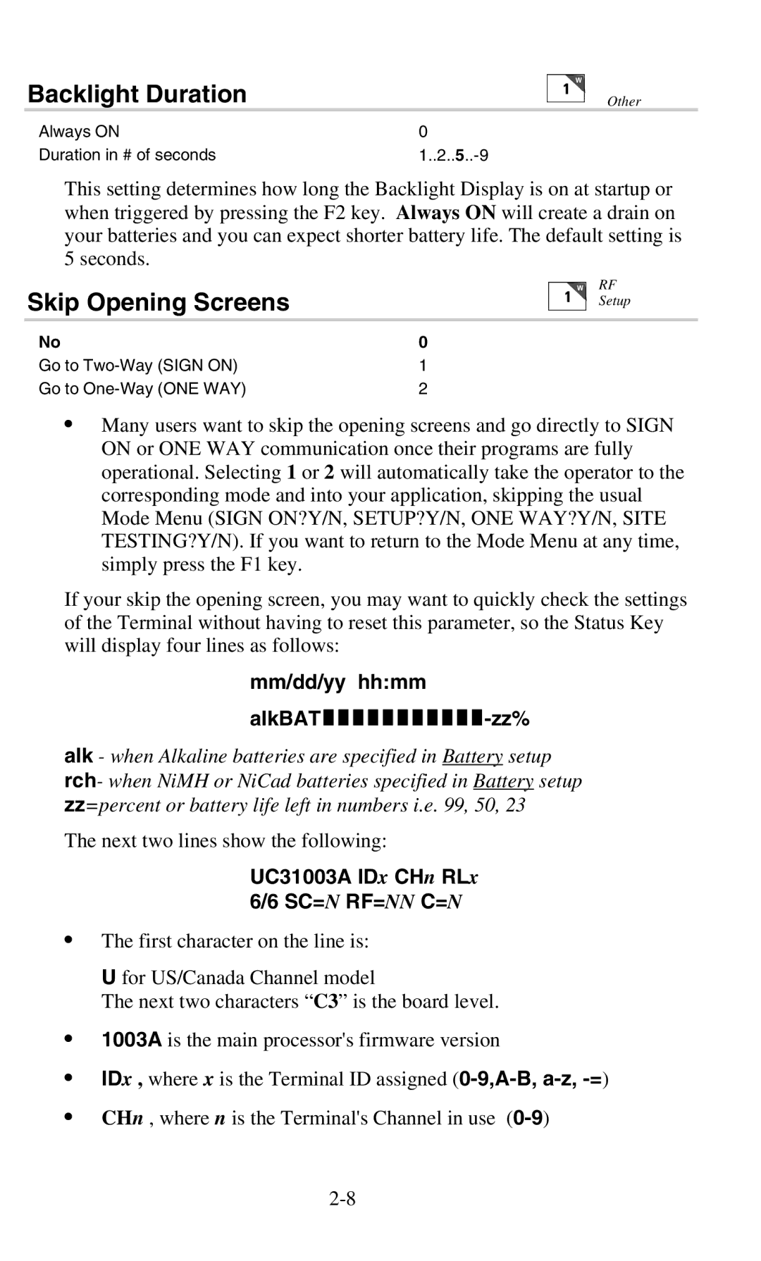 Worth Data 701 RF manual Backlight Duration, Skip Opening Screens, UC31003A IDx CHn RLx 6/6 SC=N RF=NN C=N 