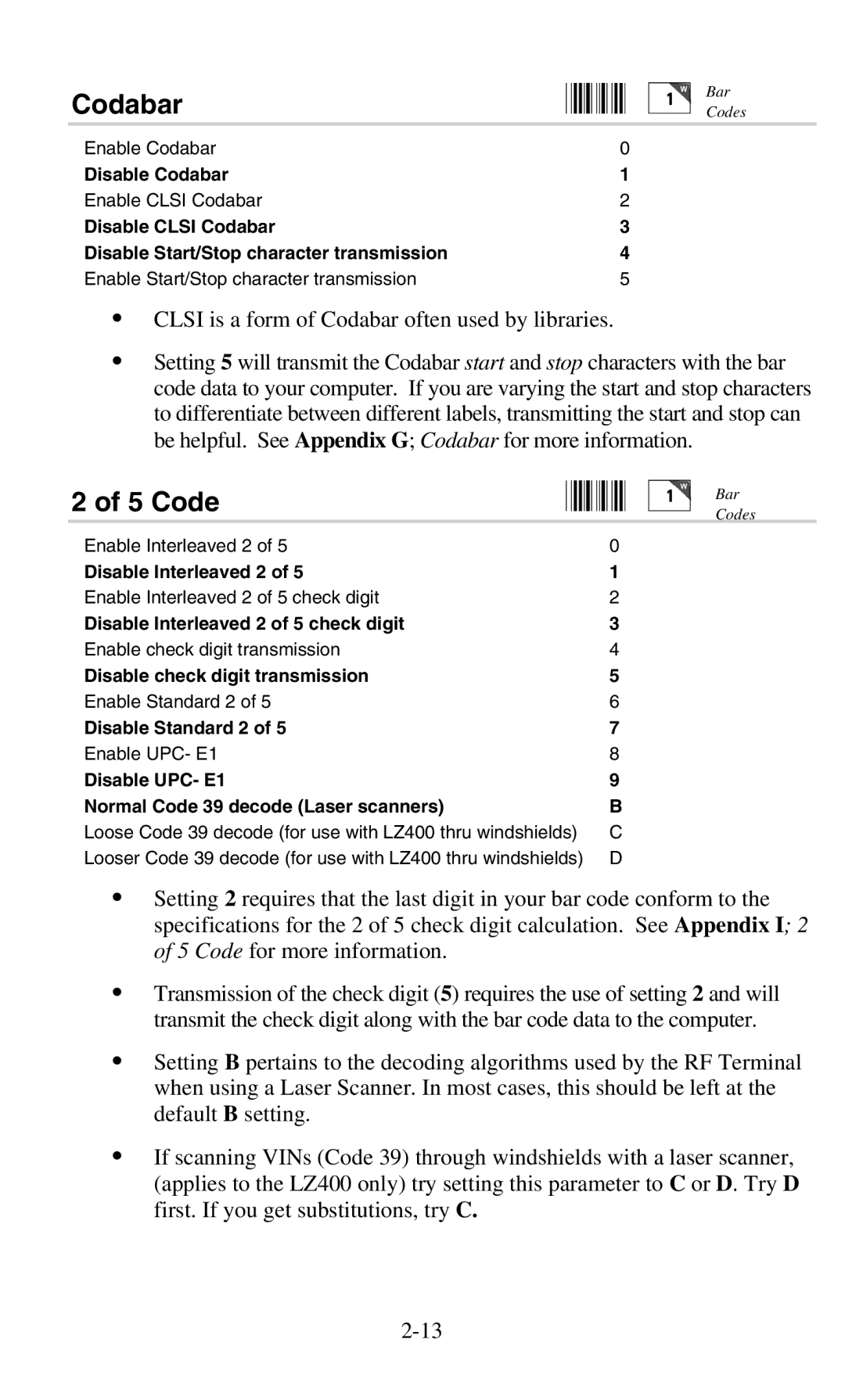 Worth Data 701 RF manual Codabar, Code 