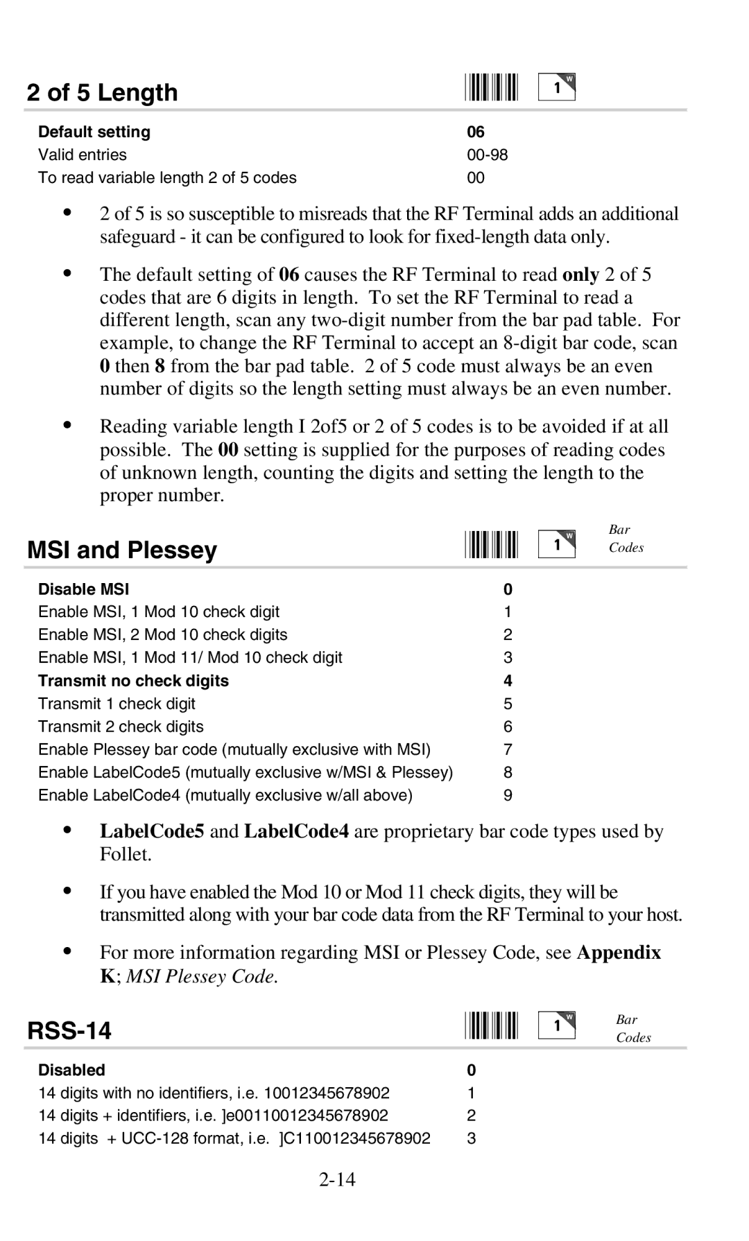 Worth Data 701 RF manual Length, MSI and Plessey, RSS-14 