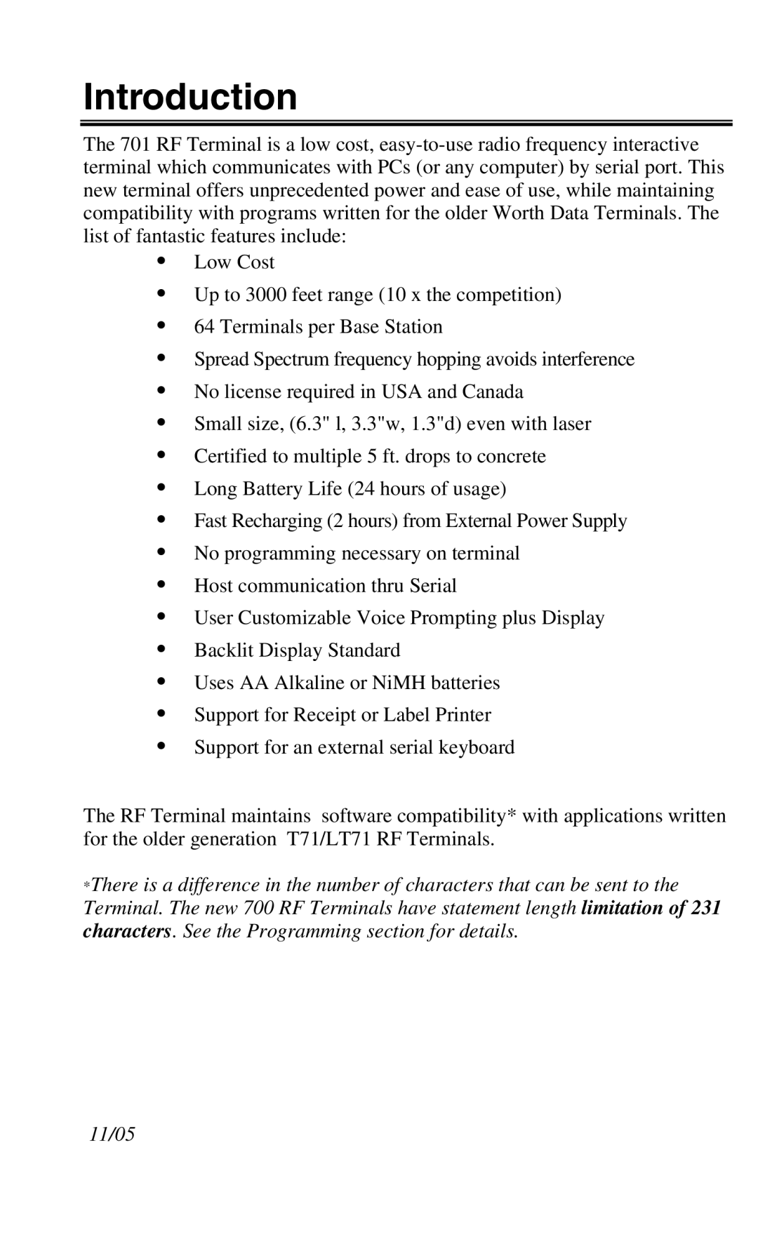 Worth Data 701 RF manual Introduction 