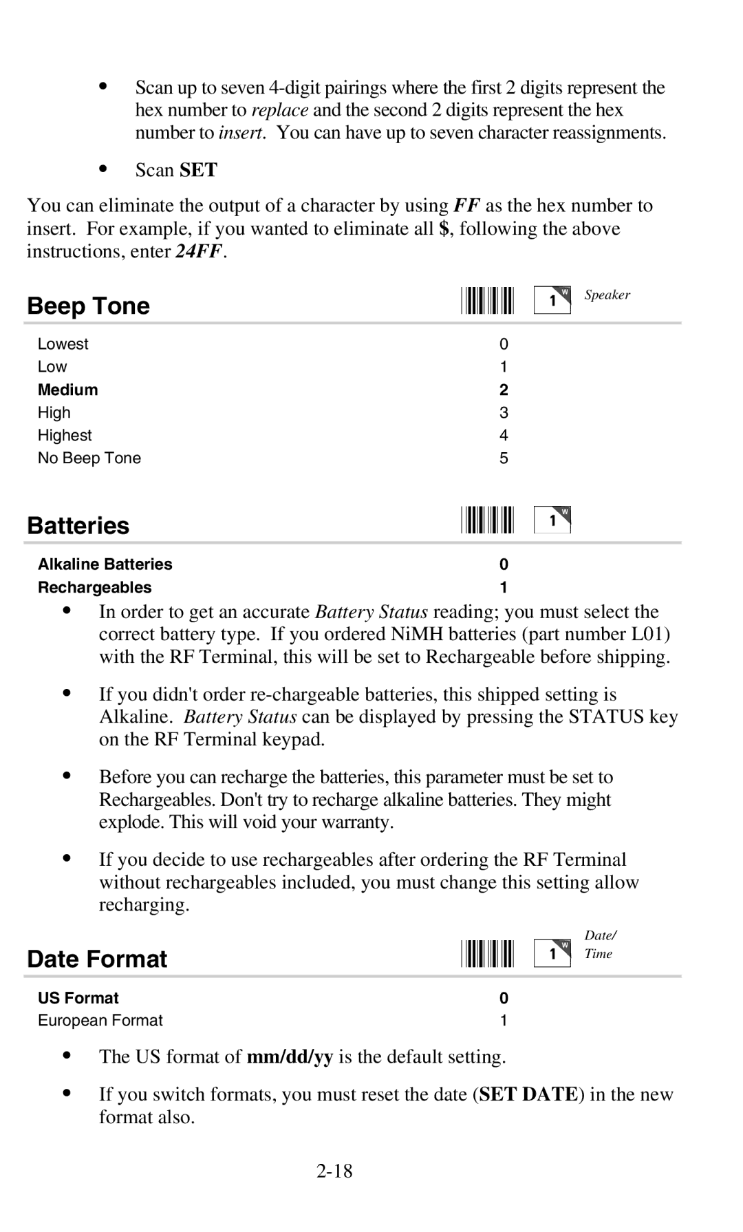 Worth Data 701 RF manual Beep Tone, Batteries, Date Format 