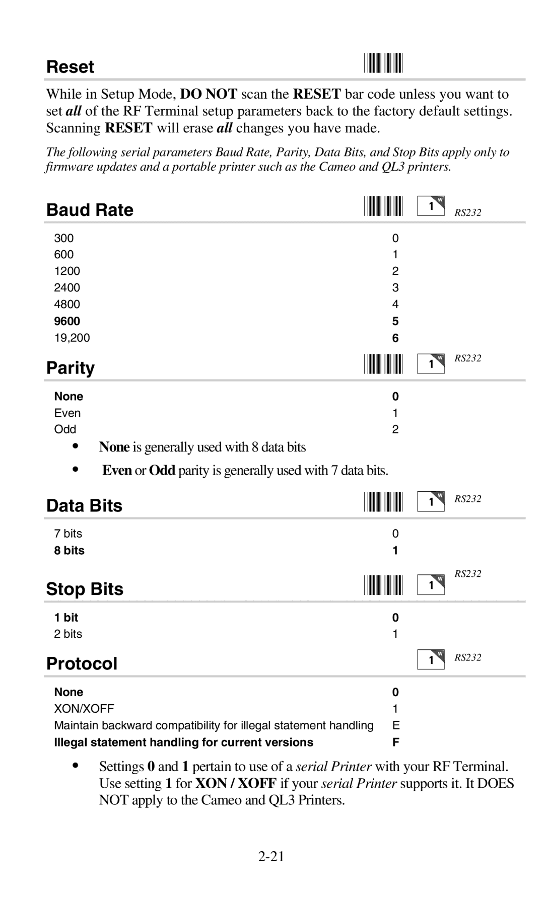 Worth Data 701 RF manual Reset, Baud Rate, Parity, Data Bits, Stop Bits, Protocol 