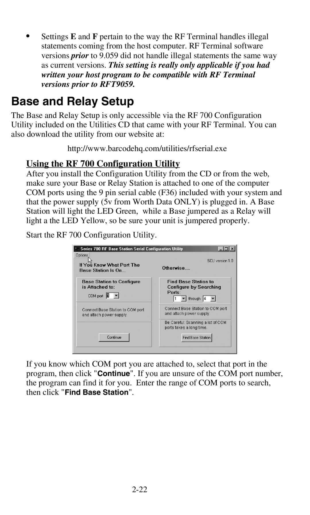 Worth Data 701 RF manual Base and Relay Setup, Using the RF 700 Configuration Utility 