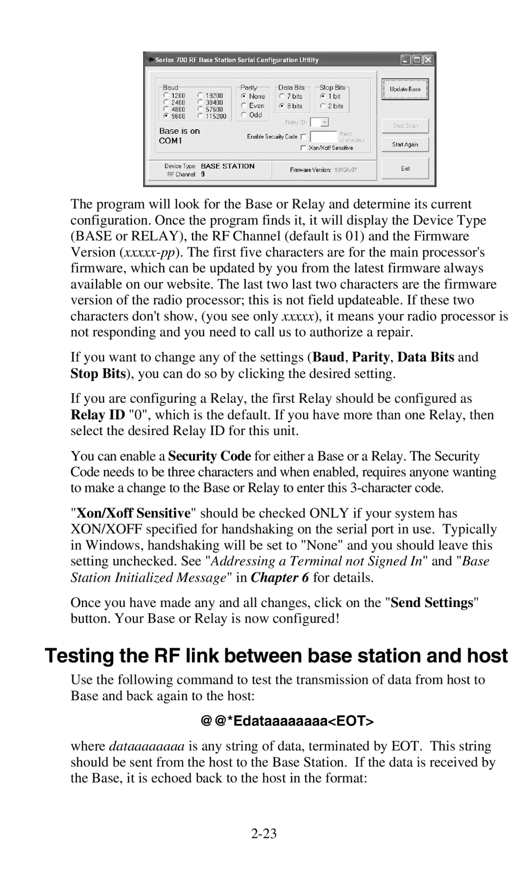 Worth Data 701 RF manual Testing the RF link between base station and host, @@*EdataaaaaaaaEOT 