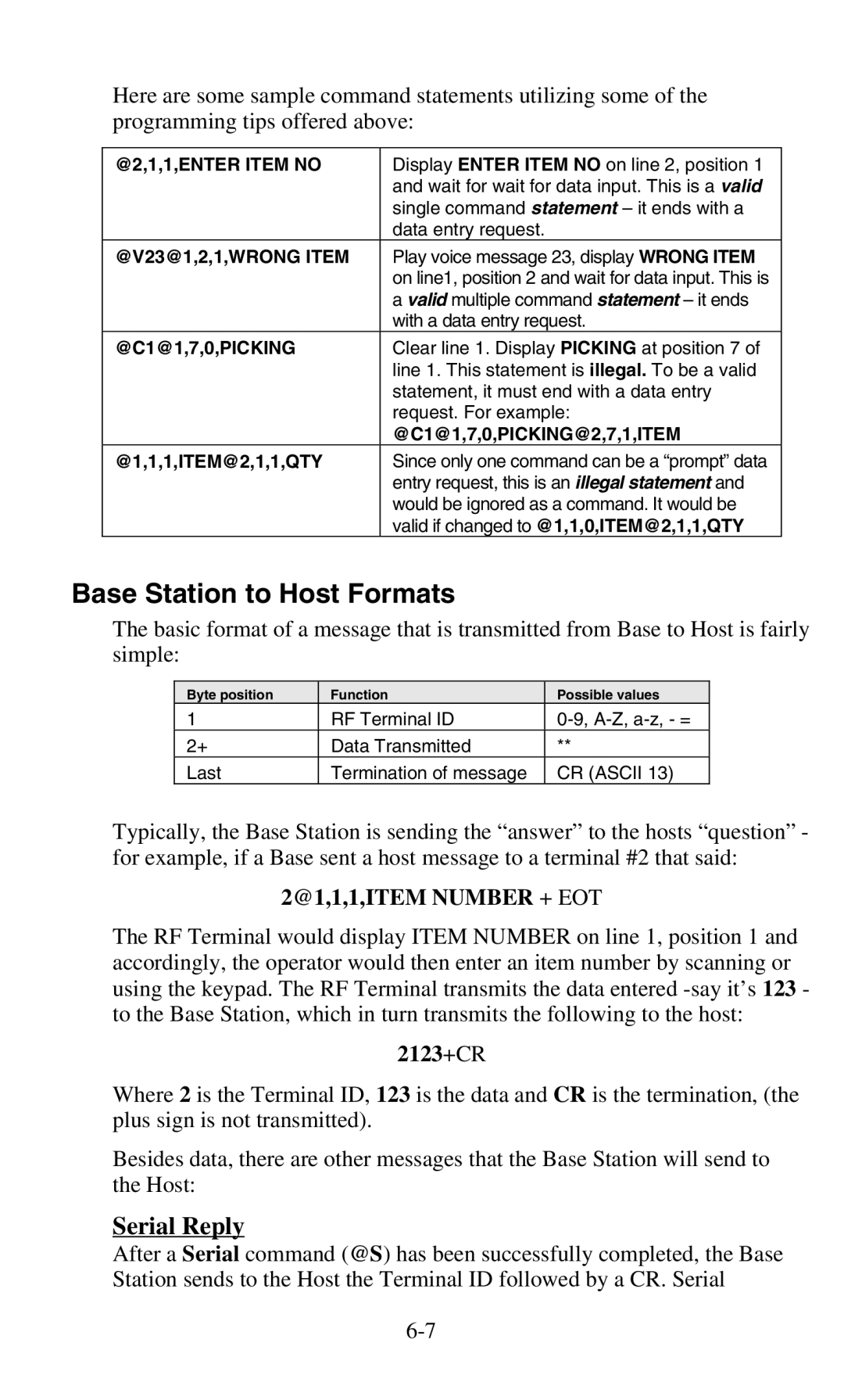 Worth Data 701 RF manual Base Station to Host Formats, Serial Reply, 2123+CR 