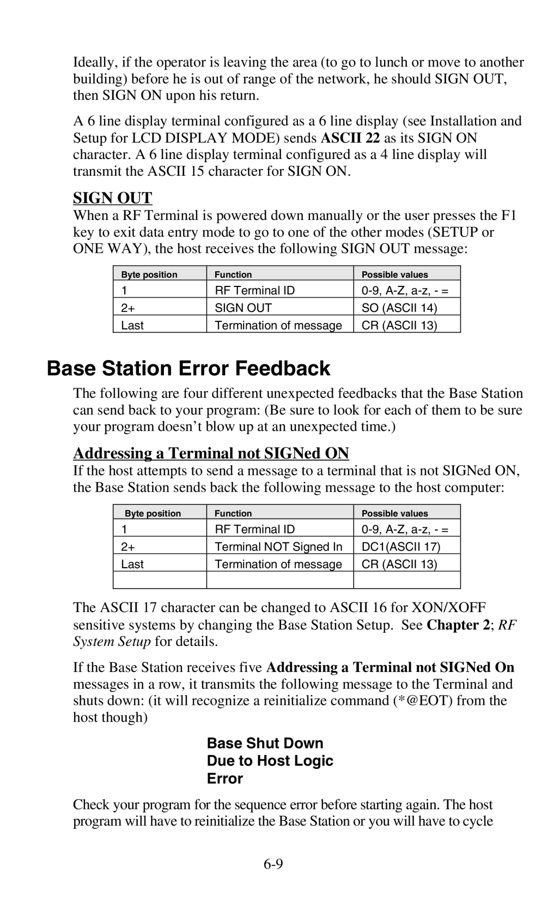 Worth Data 701 RF manual Base Station Error Feedback, Addressing a Terminal not SIGNed on, System Setup for details 