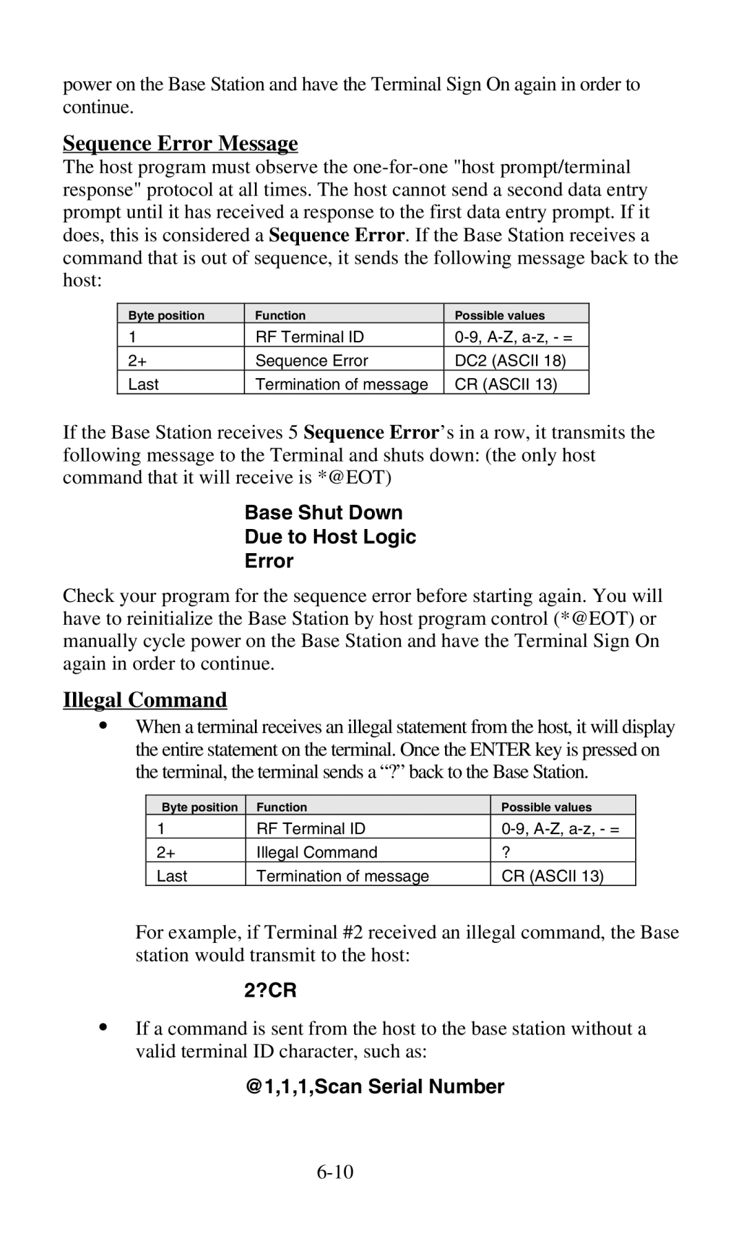 Worth Data 701 RF manual Sequence Error Message, Illegal Command, ?Cr, @1,1,1,Scan Serial Number 