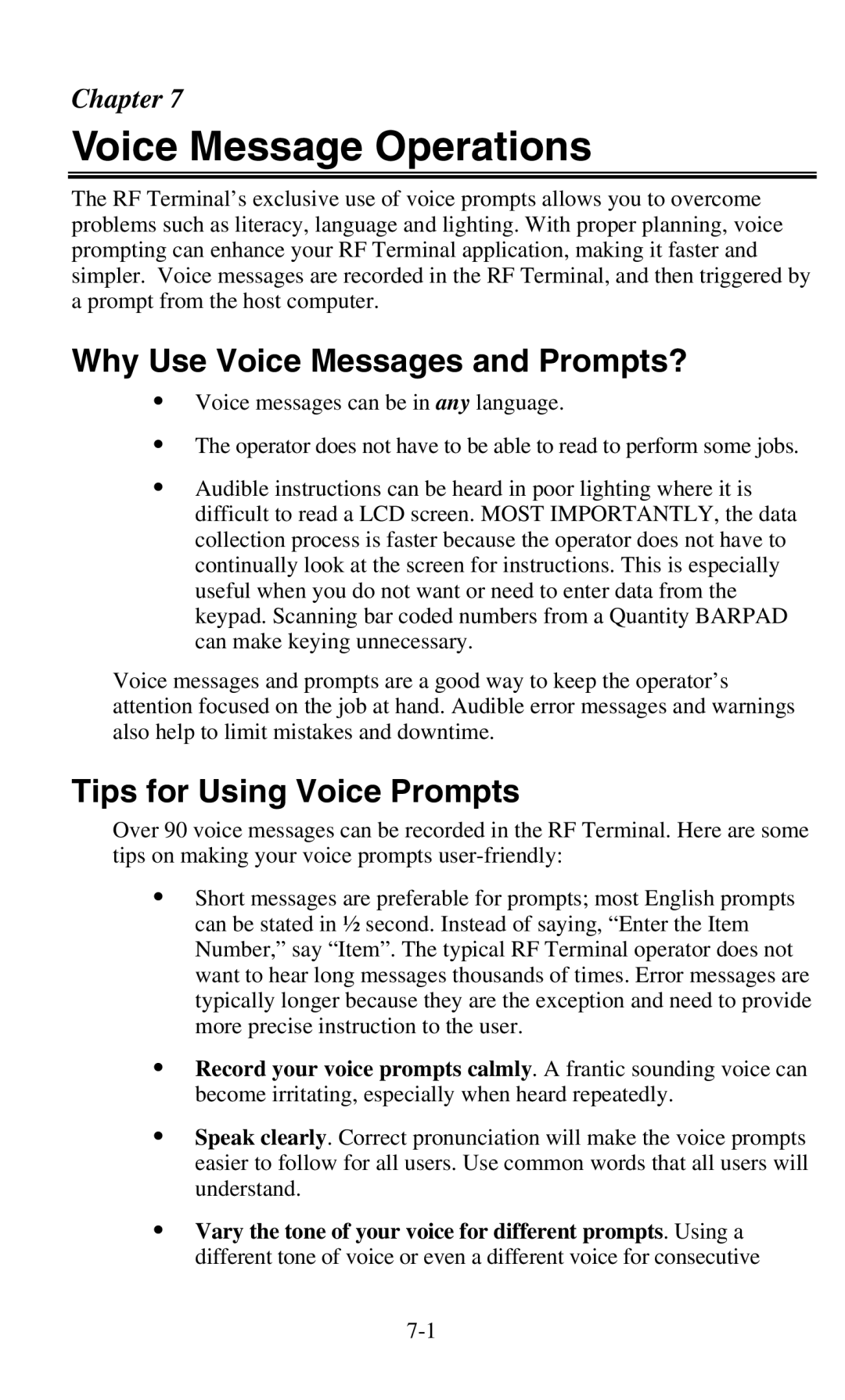 Worth Data 701 RF manual Voice Message Operations, Why Use Voice Messages and Prompts?, Tips for Using Voice Prompts 