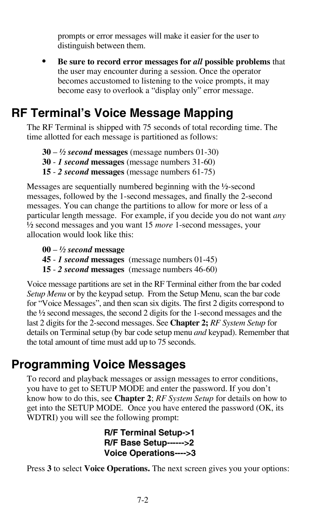 Worth Data 701 RF manual RF Terminal’s Voice Message Mapping, Programming Voice Messages, 00 ½ second message 