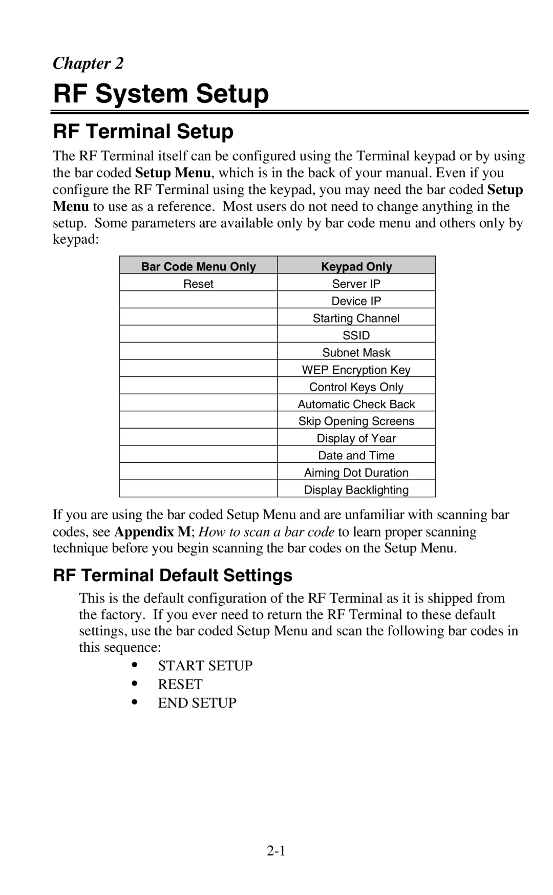 Worth Data 802 RF user manual RF System Setup, RF Terminal Setup, RF Terminal Default Settings 