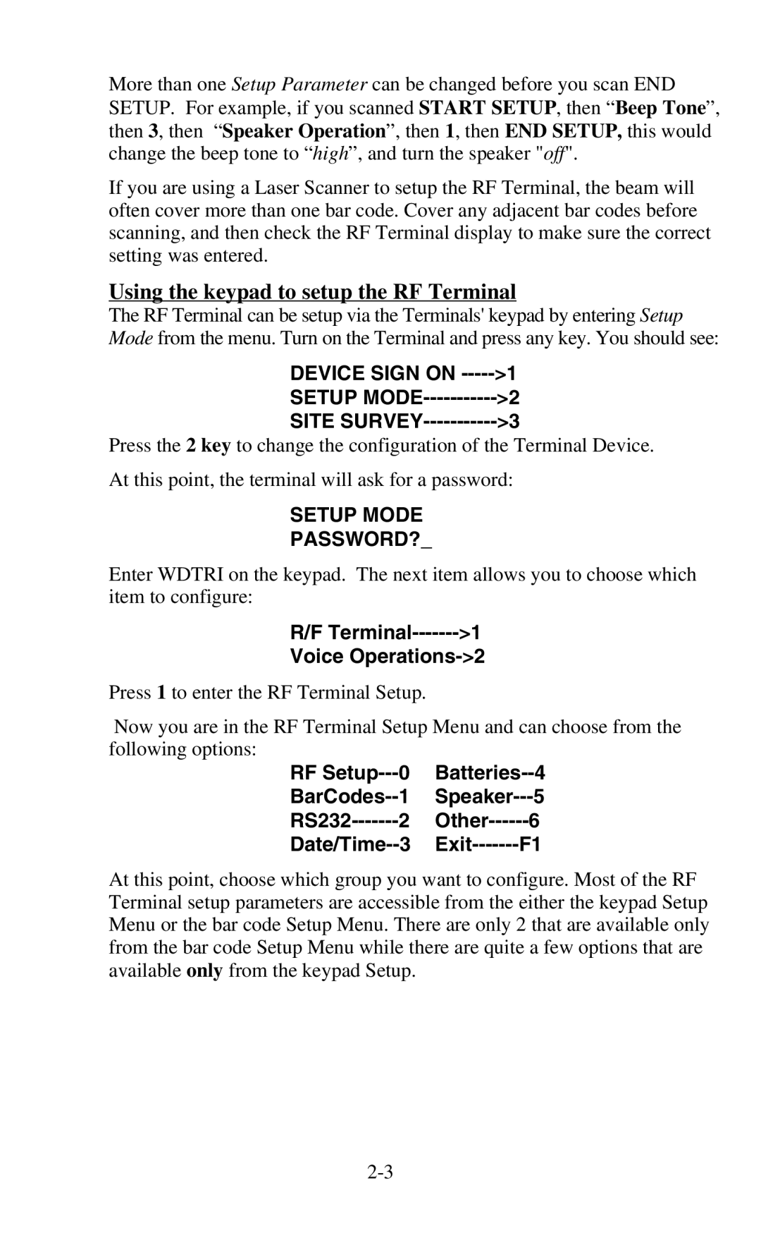 Worth Data 802 RF Using the keypad to setup the RF Terminal, Terminal Voice Operations-2, RF Setup Batteries--4 BarCodes 