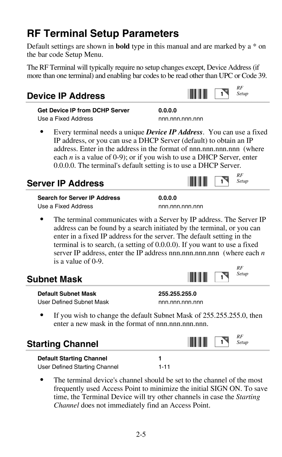 Worth Data 802 RF RF Terminal Setup Parameters, Device IP Address, Server IP Address, Subnet Mask, Starting Channel 