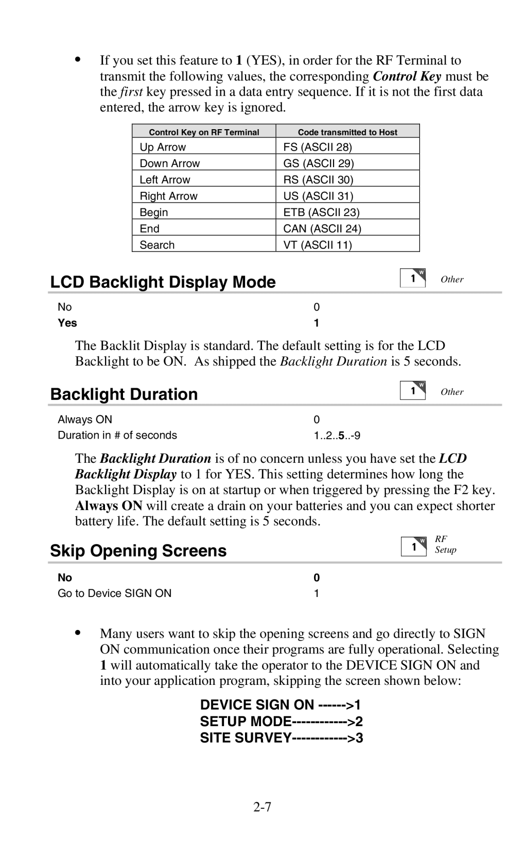 Worth Data 802 RF user manual LCD Backlight Display Mode, Backlight Duration, Skip Opening Screens 