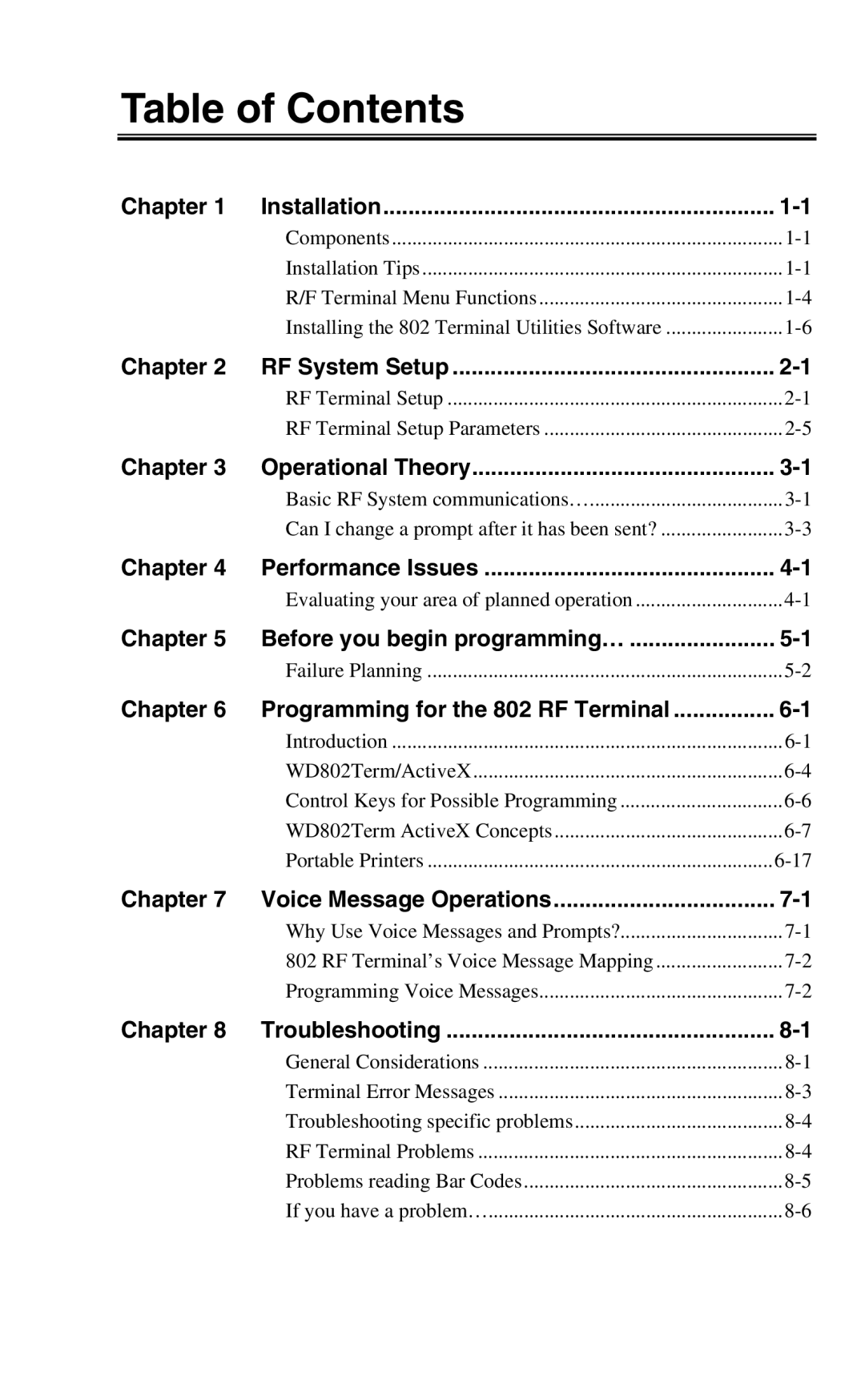 Worth Data 802 RF user manual Table of Contents 