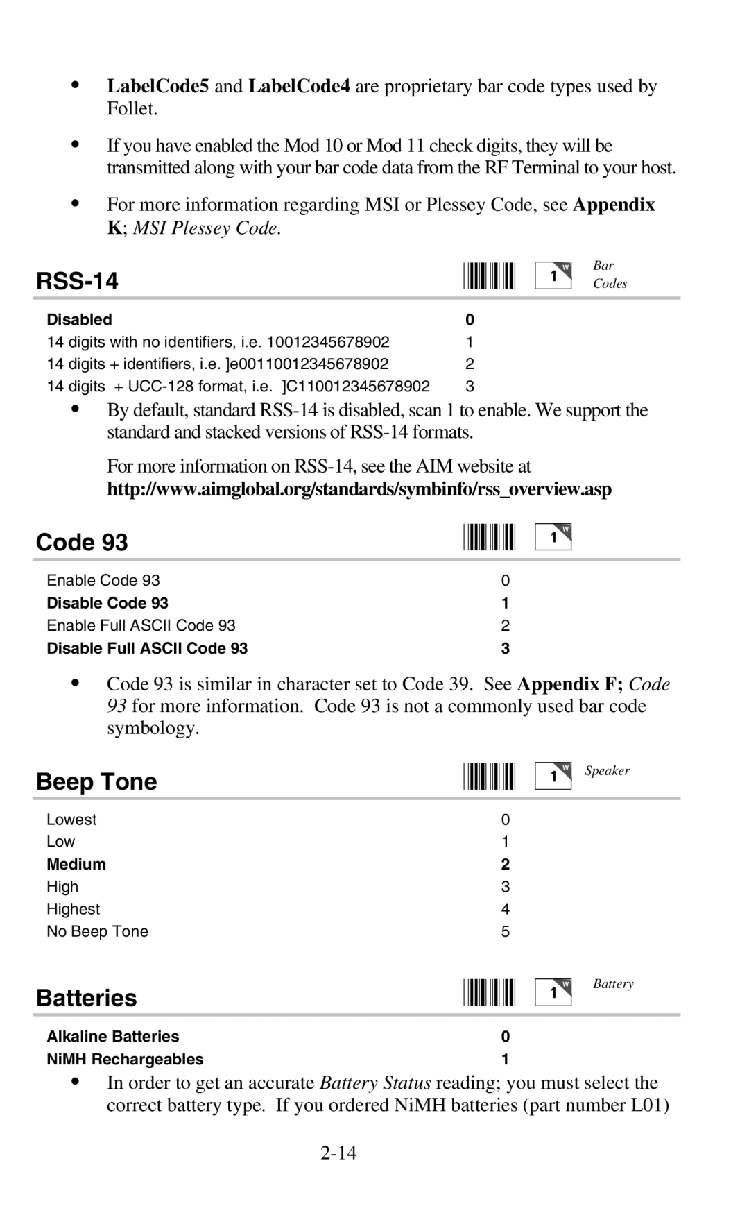 Worth Data 802 RF user manual RSS-14, Beep Tone, Batteries 