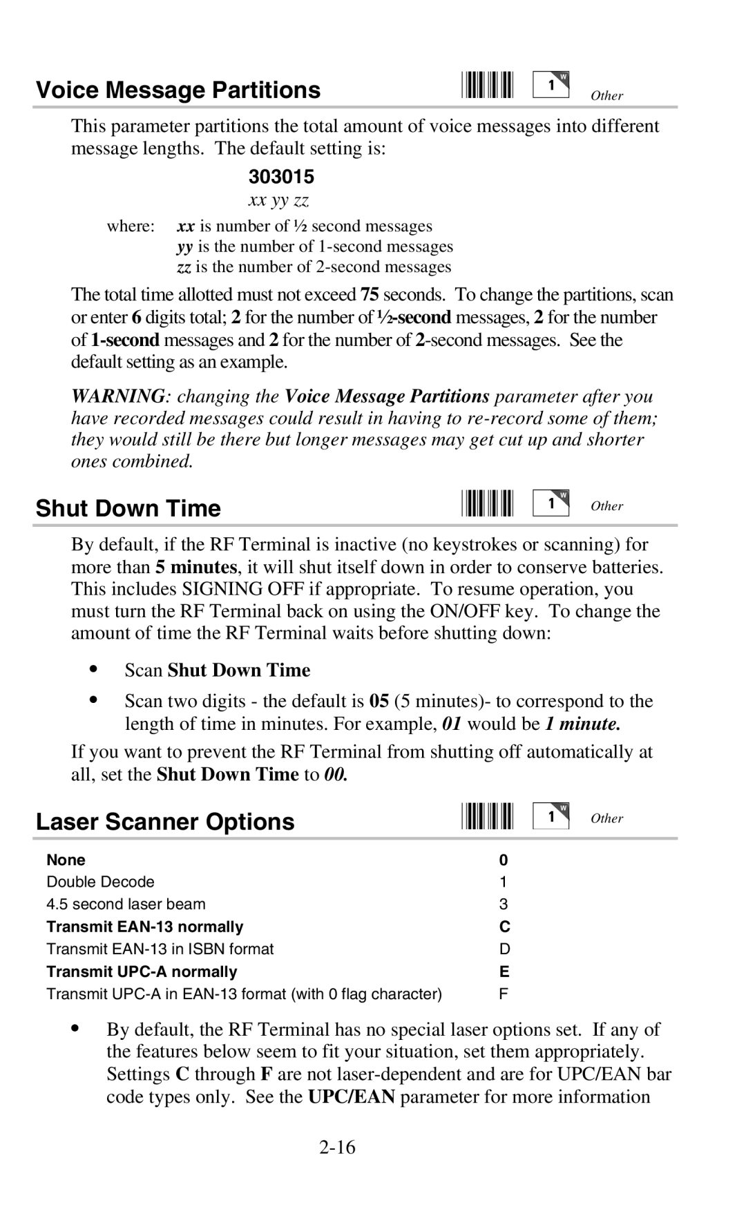 Worth Data 802 RF user manual Voice Message Partitions, Shut Down Time, Laser Scanner Options, 303015, Xx yy zz 