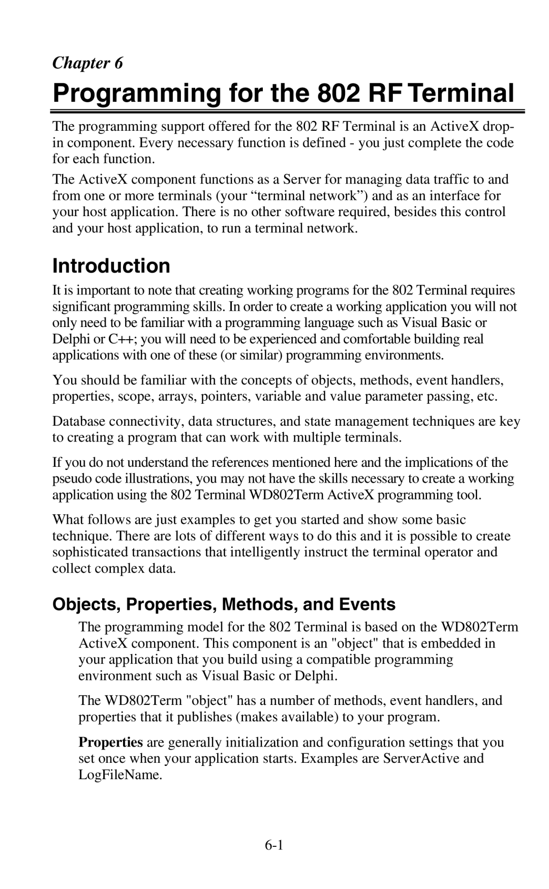 Worth Data user manual Programming for the 802 RF Terminal, Introduction, Objects, Properties, Methods, and Events 