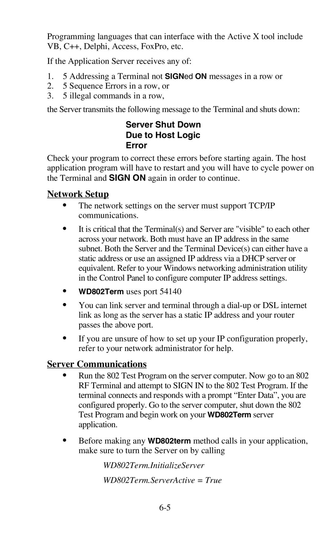 Worth Data 802 RF user manual Network Setup, Server Communications, Server Shut Down Due to Host Logic Error 