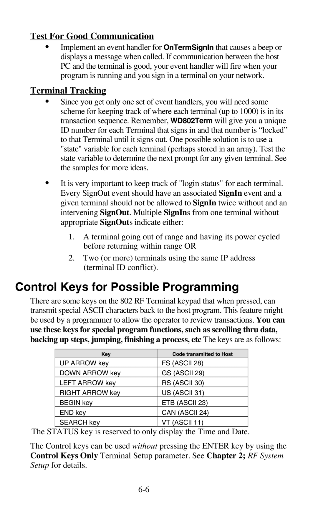 Worth Data 802 RF user manual Control Keys for Possible Programming, Test For Good Communication, Terminal Tracking 