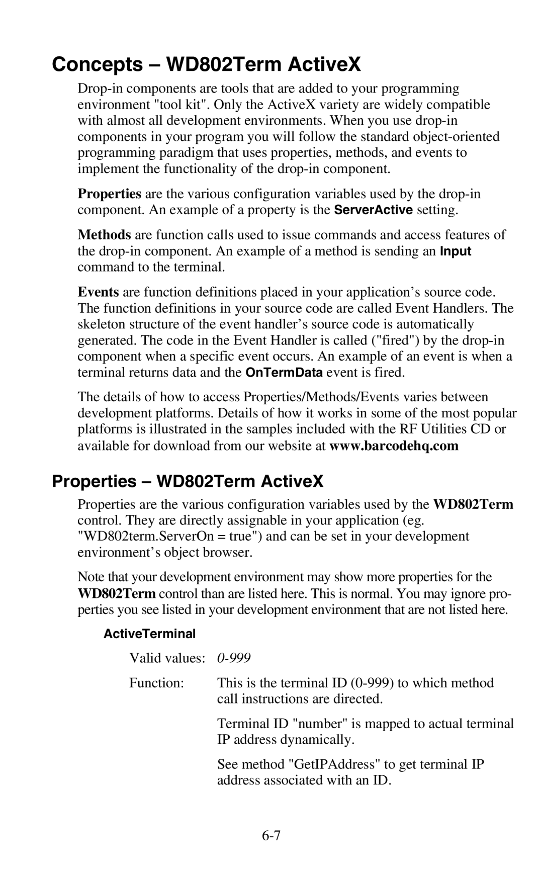 Worth Data 802 RF user manual Concepts WD802Term ActiveX, Properties WD802Term ActiveX, 999 