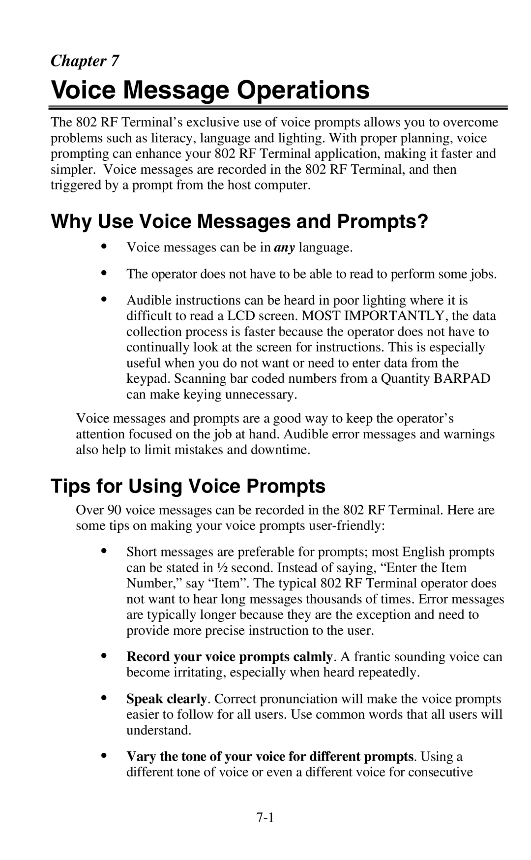 Worth Data 802 RF user manual Voice Message Operations, Why Use Voice Messages and Prompts?, Tips for Using Voice Prompts 