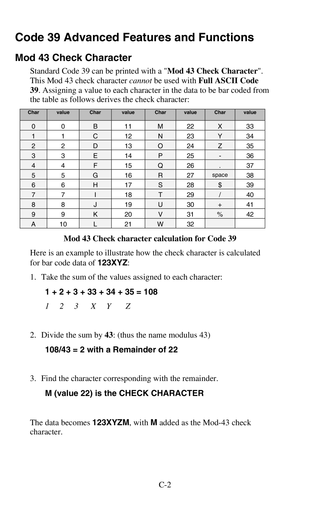 Worth Data 802 RF user manual Code 39 Advanced Features and Functions, Mod 43 Check Character, + 2 + 3 + 33 + 34 + 35 = 