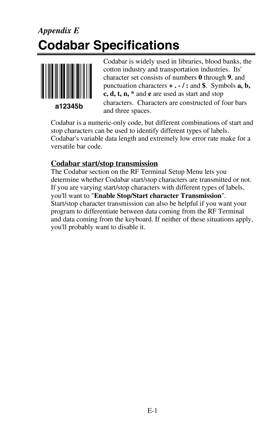 Worth Data 802 RF user manual Codabar Specifications, Codabar start/stop transmission 