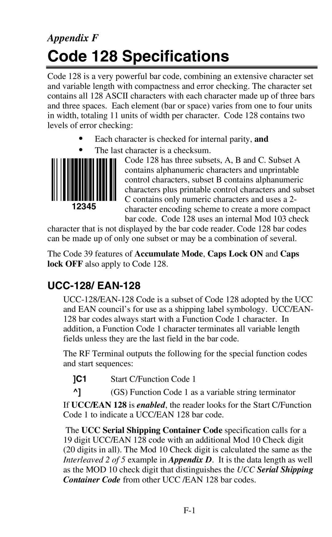 Worth Data 802 RF user manual Code 128 Specifications, UCC-128/ EAN-128 