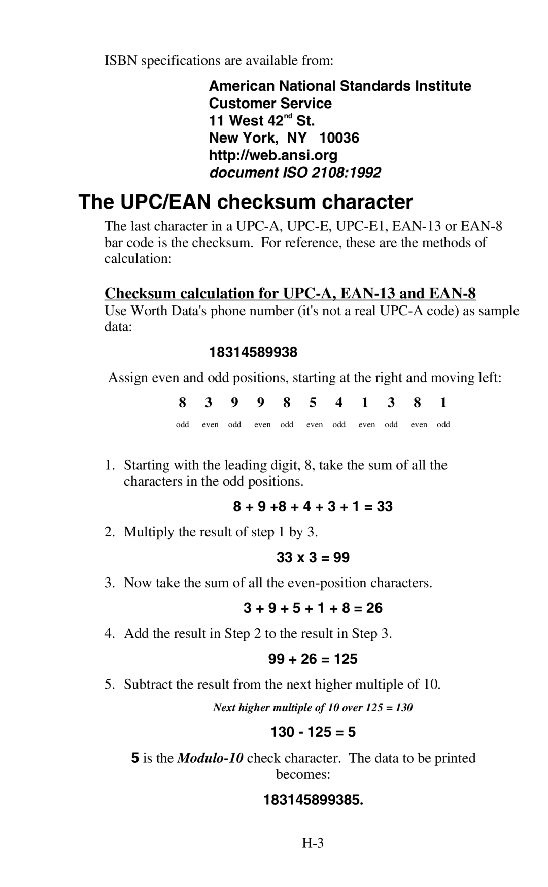 Worth Data 802 RF user manual UPC/EAN checksum character, Checksum calculation for UPC-A, EAN-13 and EAN-8 