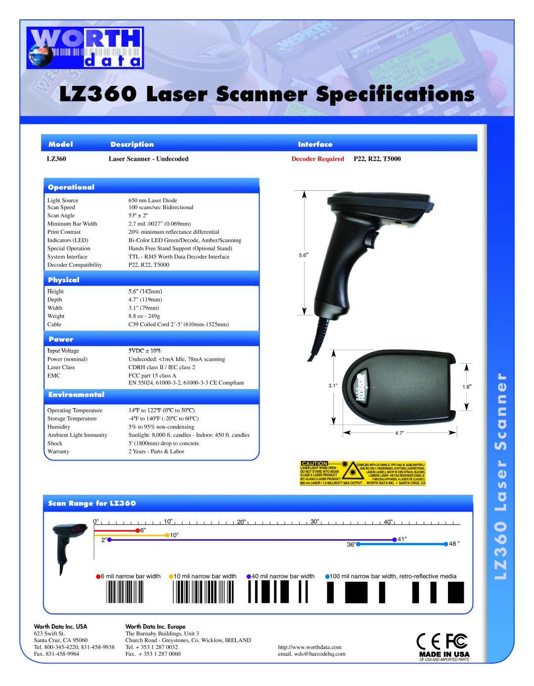 Worth Data C446 specifications LZ360 Laser Scanner Specifications, a s e r S c a n n e r, L Z 3 6 0 L, Model, Description 
