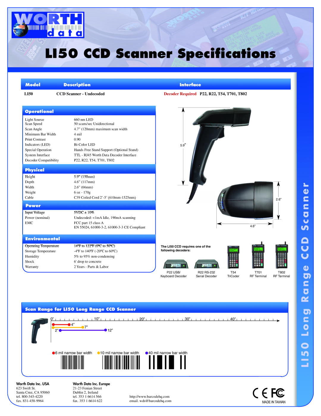 Worth Data specifications LI50 CCD Scanner Specifications, N g 