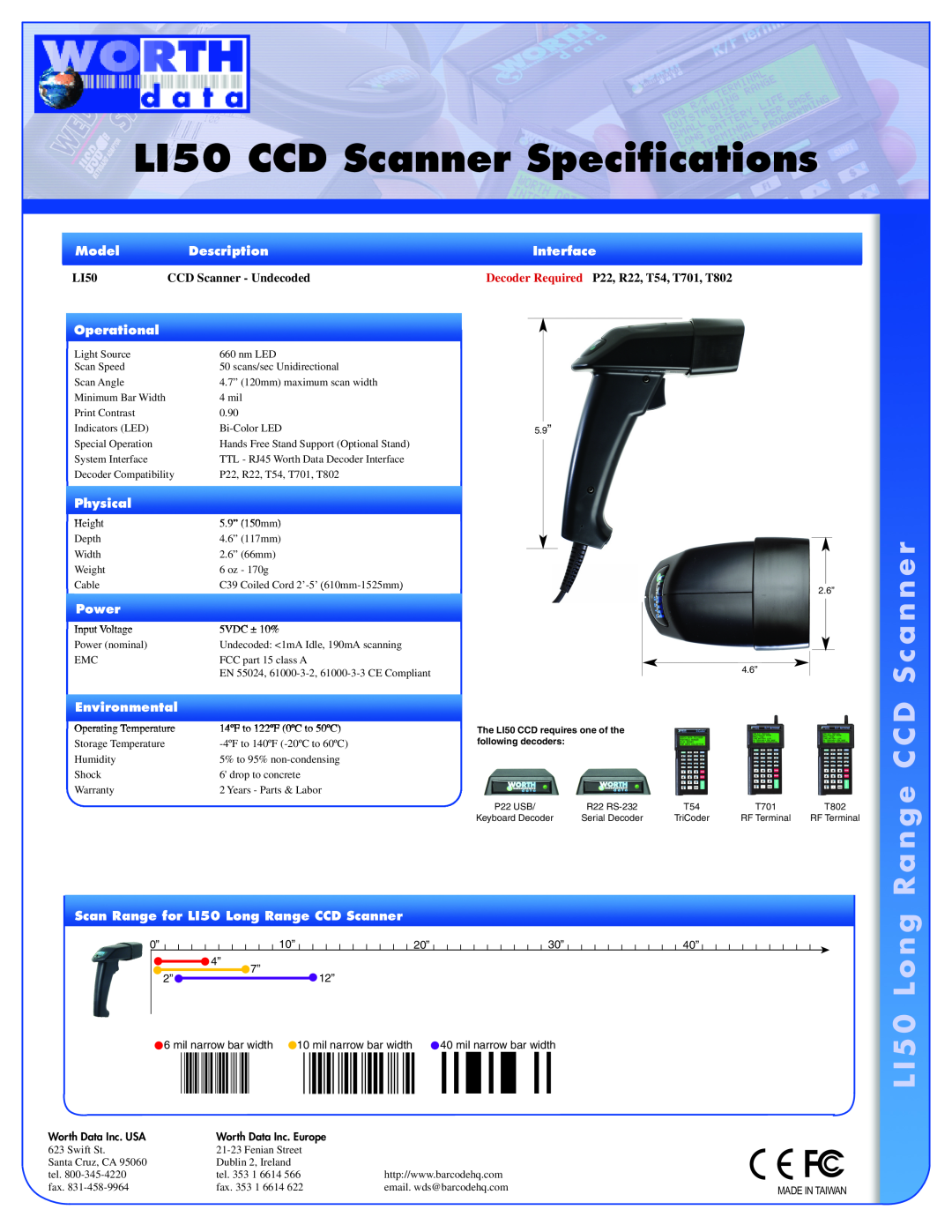 Worth Data specifications LI50 CCD Scanner Specifications, R a n g 