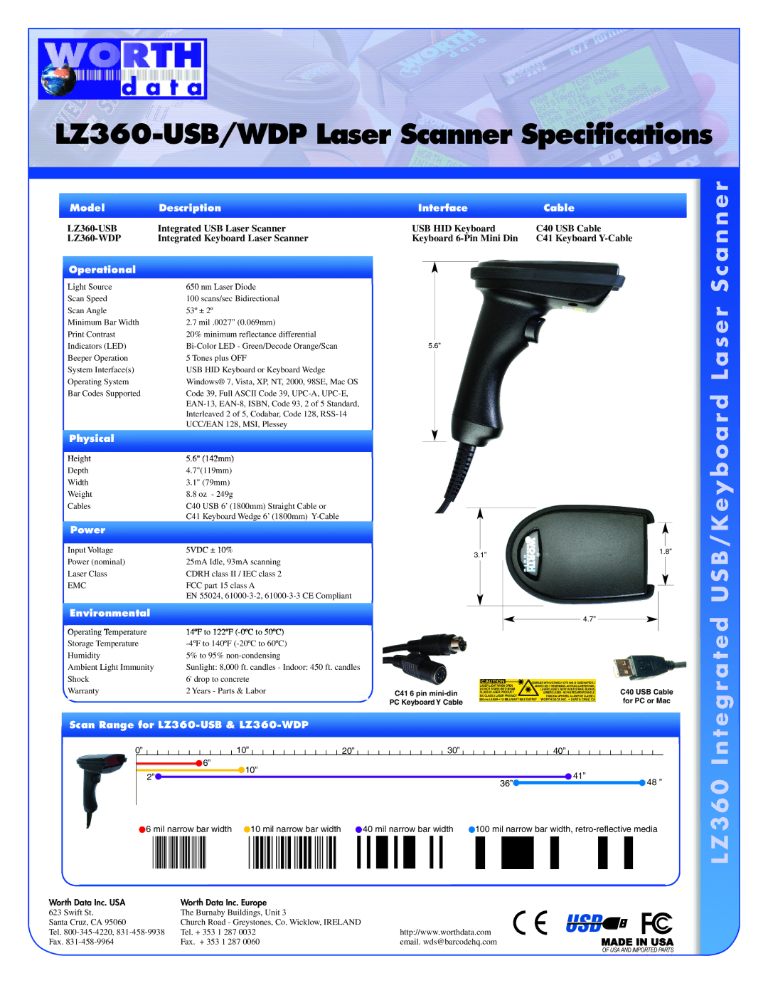 Worth Data LZ360-USB specifications Model Description, Operational, Physical, Power, Environmental, Interface Cable 