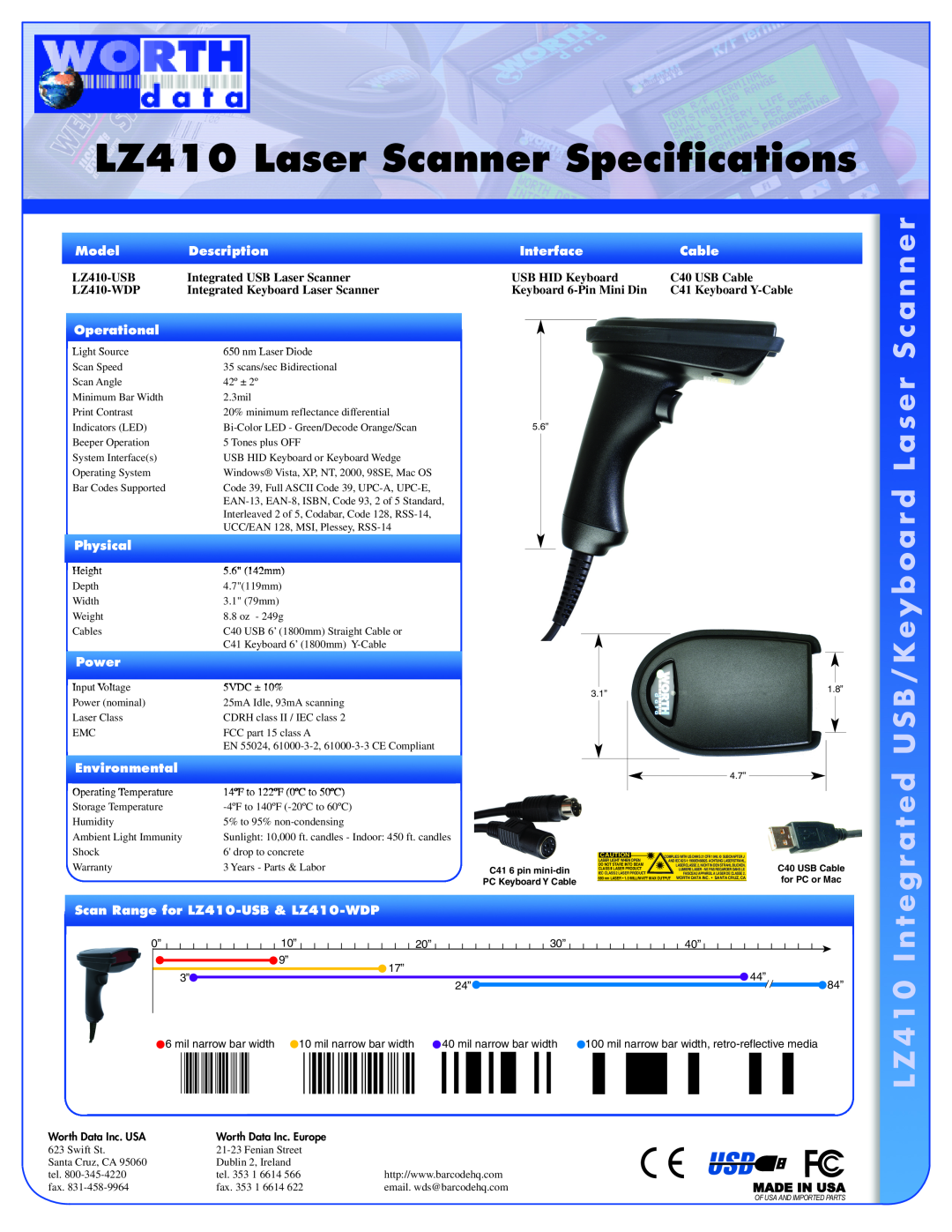 Worth Data specifications LZ410 Laser Scanner Specifications, L Z 4 1 0 I n t, Model, Description, LZ410-USB, LZ410-WDP 