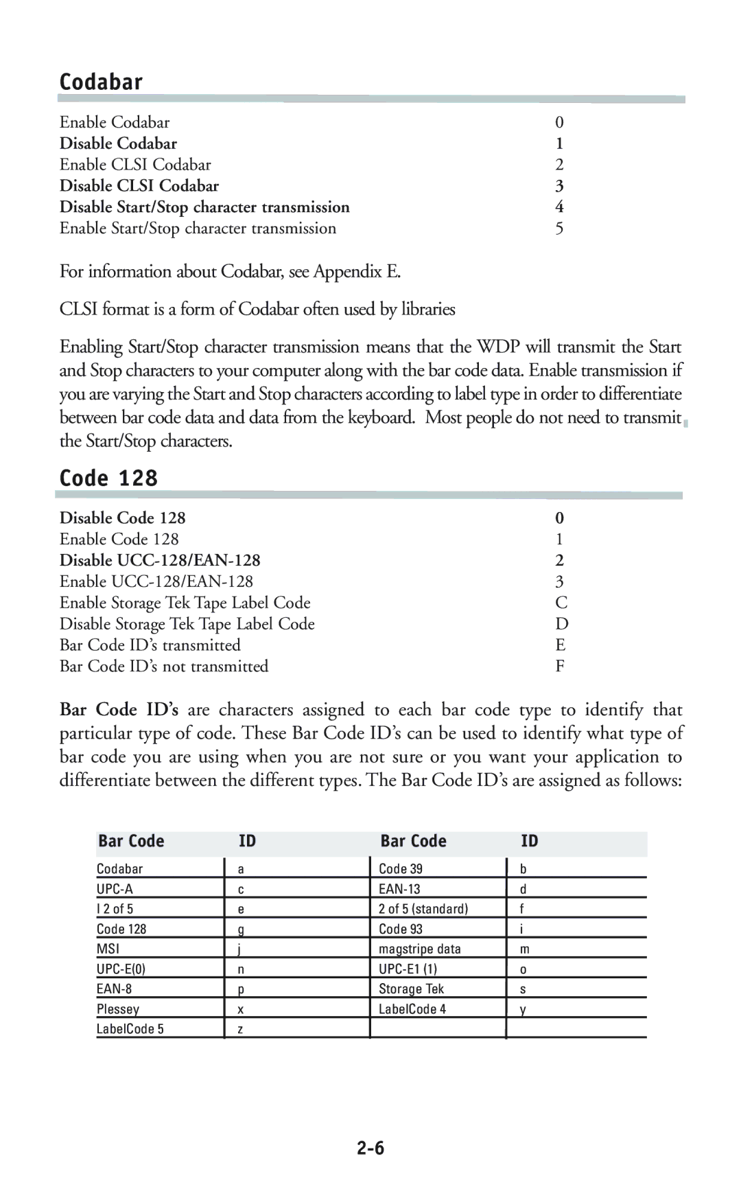 Worth Data P11/12 user manual Codabar, Disable UCC-128/EAN-128 