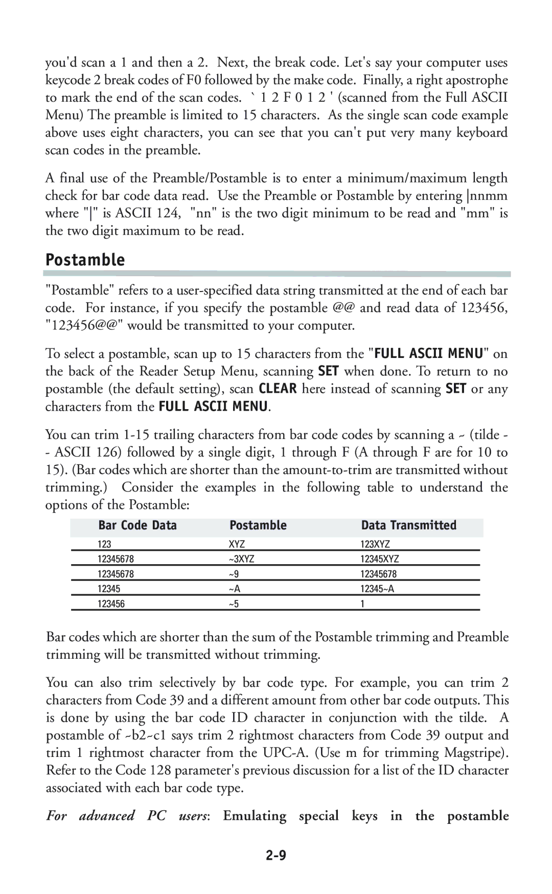 Worth Data P11/12 user manual Postamble 