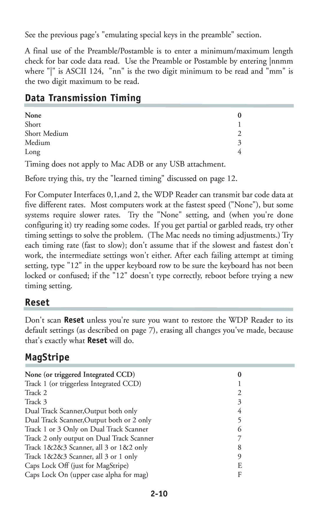 Worth Data P11/12 user manual Data Transmission Timing, Reset, MagStripe 