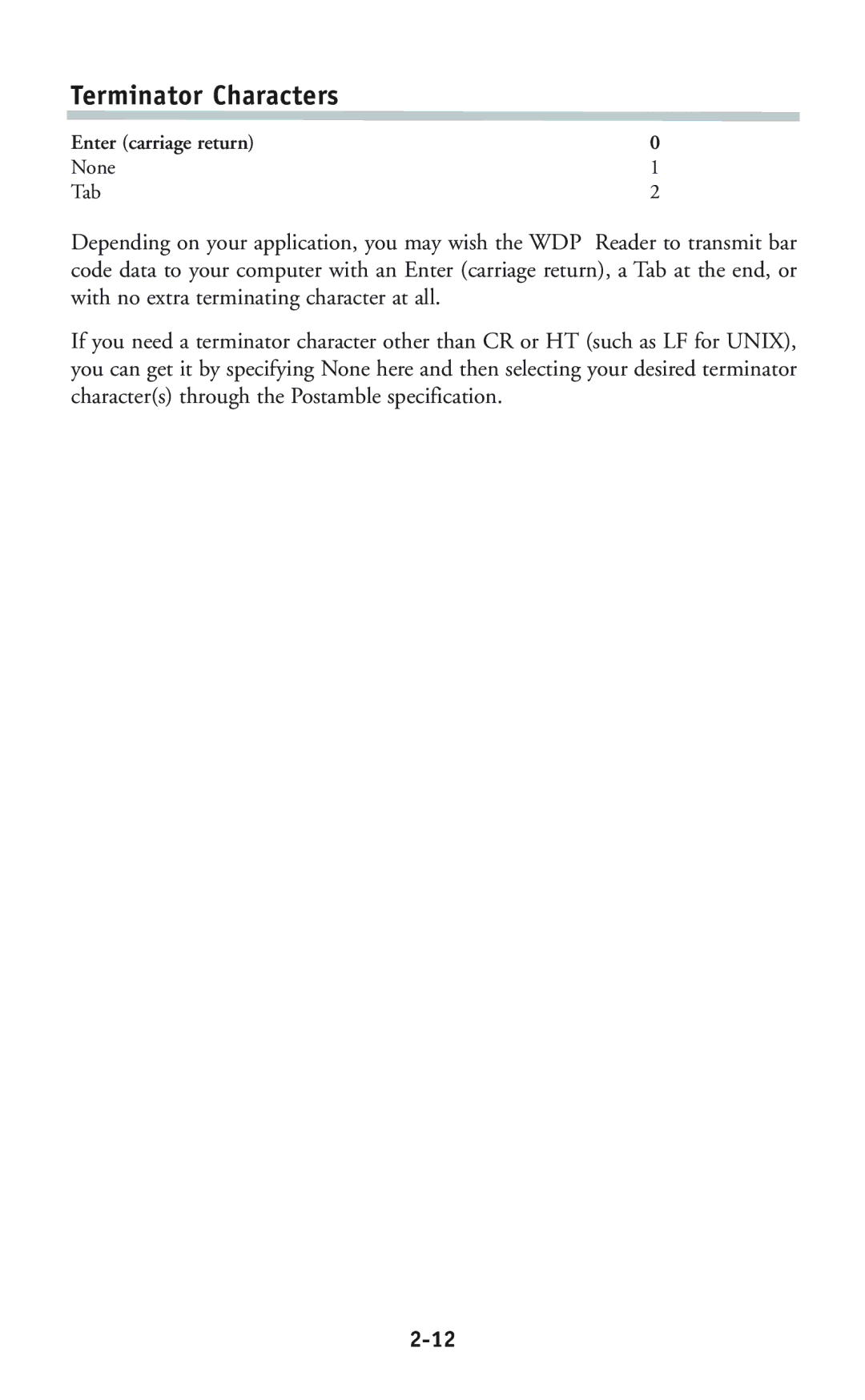 Worth Data P11/12 user manual Terminator Characters 