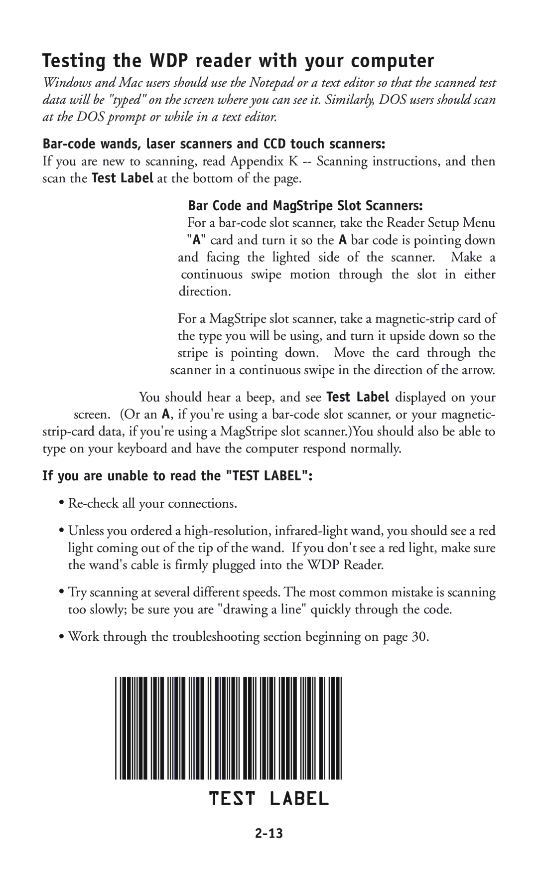 Worth Data P11/12 Testing the WDP reader with your computer, Bar-code wands, laser scanners and CCD touch scanners 