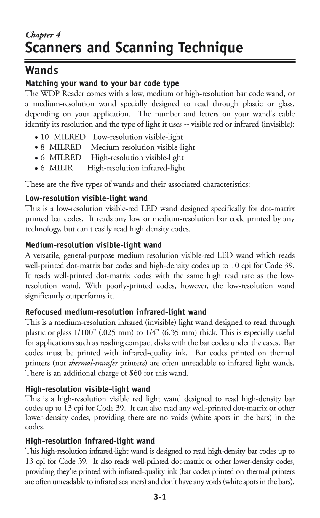 Worth Data P11/12 user manual Scanners and Scanning Technique, Wands 