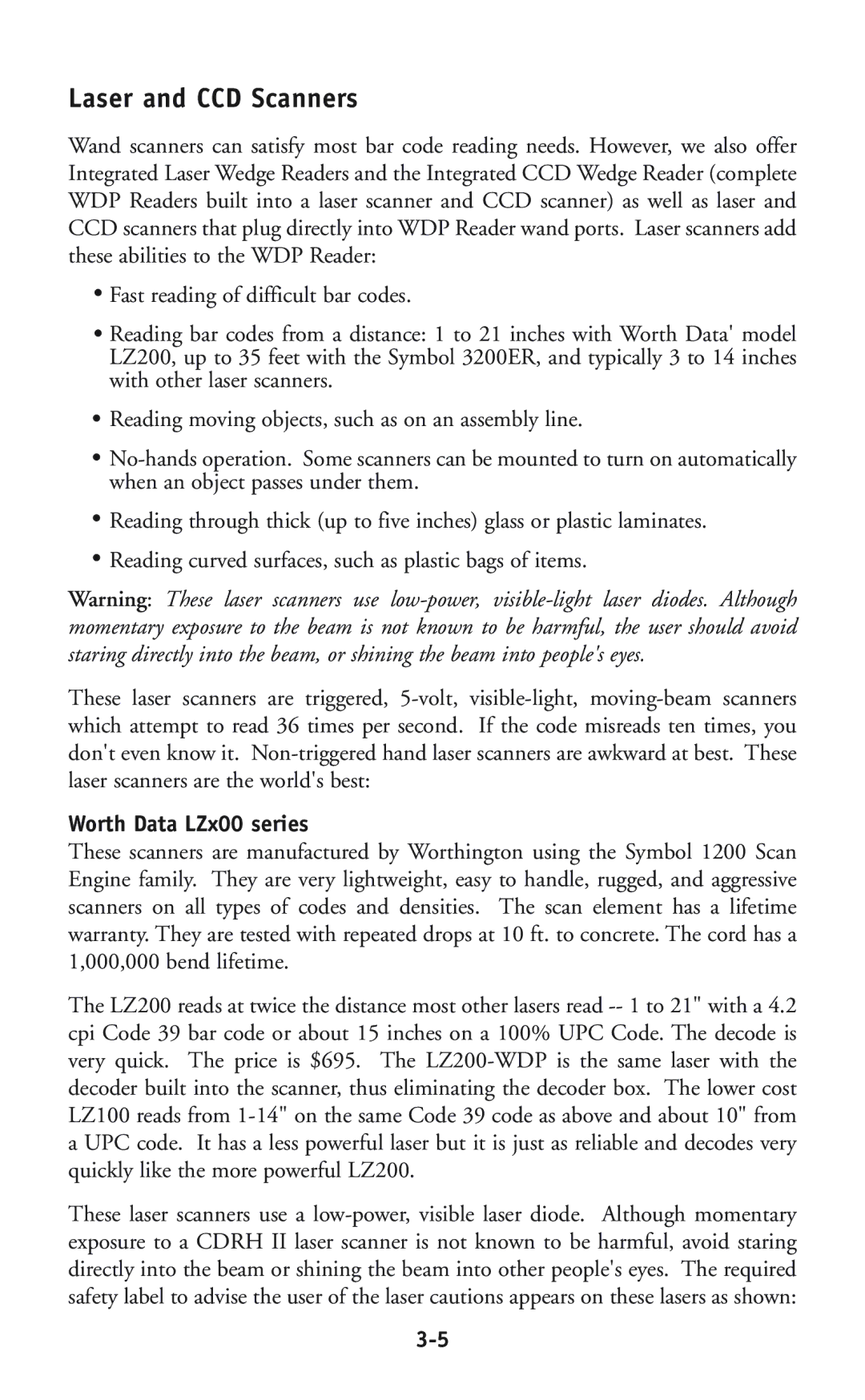 Worth Data P11/12 user manual Laser and CCD Scanners, Worth Data LZx00 series 