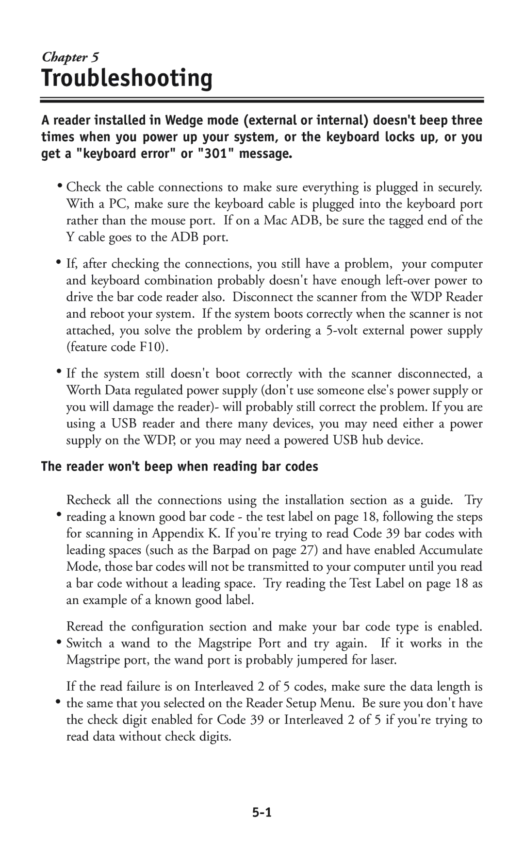 Worth Data P11/12 user manual Troubleshooting, Reader wont beep when reading bar codes 