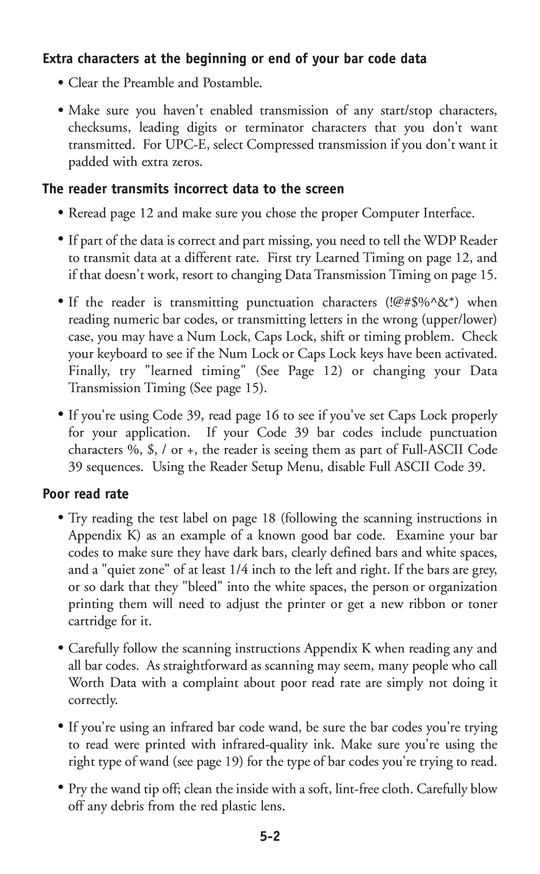 Worth Data P11/12 user manual Reader transmits incorrect data to the screen, Poor read rate 