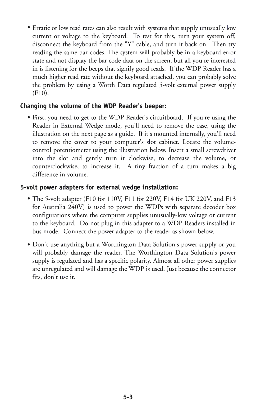 Worth Data P11/12 Changing the volume of the WDP Readers beeper, Volt power adapters for external wedge installation 