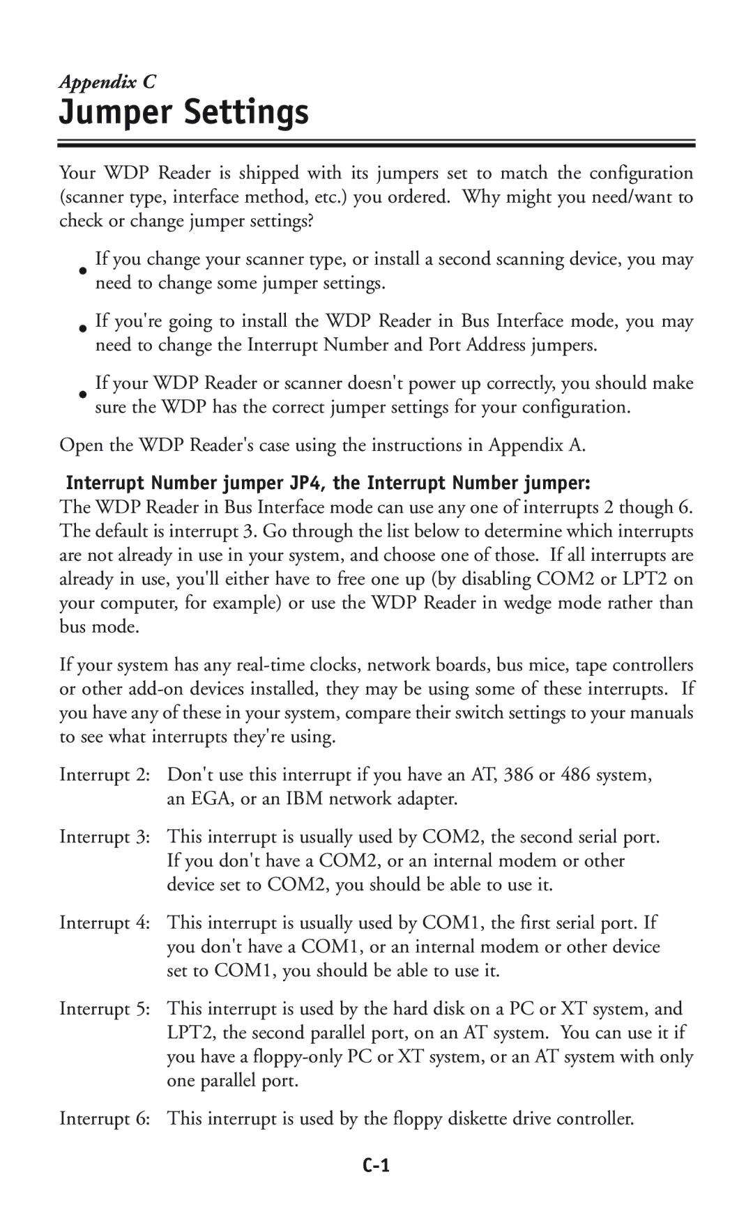 Worth Data P11/12 user manual Jumper Settings, Interrupt Number jumper JP4, the Interrupt Number jumper 