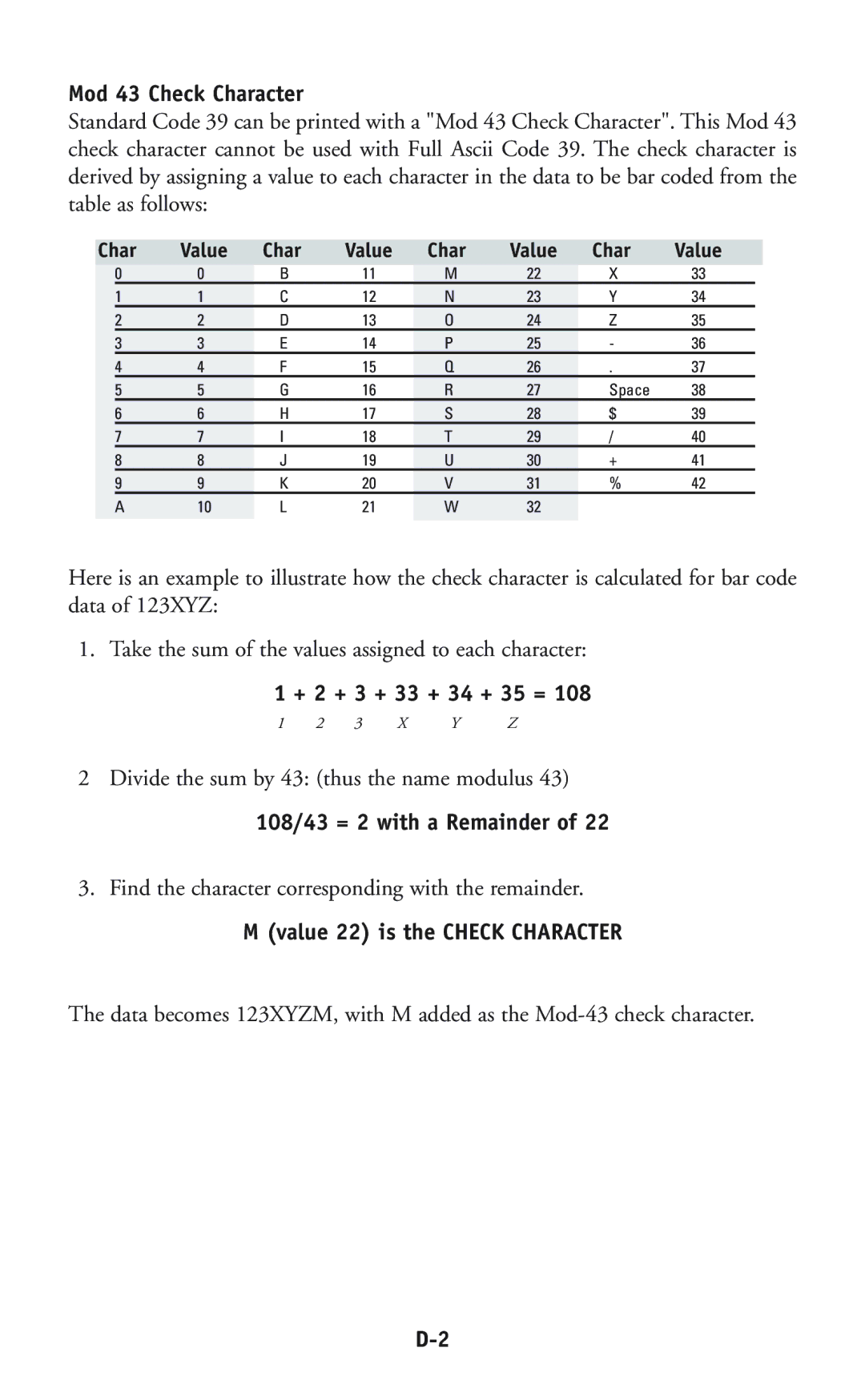 Worth Data P11/12 user manual Mod 43 Check Character, + 2 + 3 + 33 + 34 + 35 =, 108/43 = 2 with a Remainder 