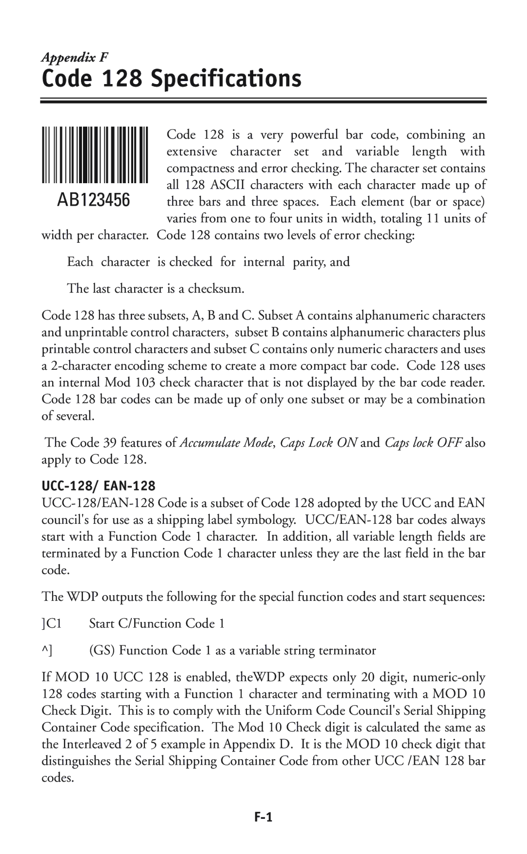 Worth Data P11/12 user manual Code 128 Specifications, UCC-128/ EAN-128 