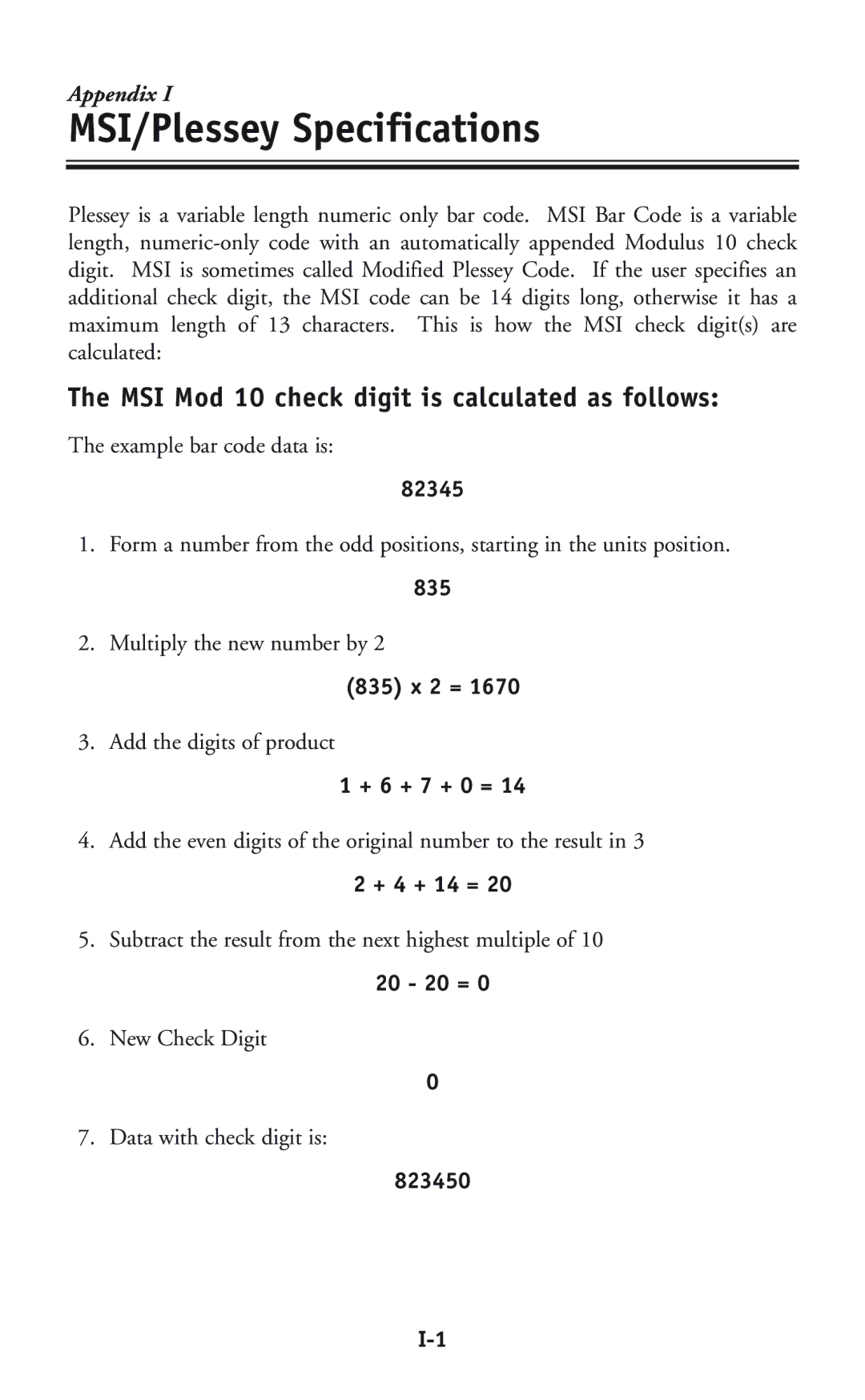 Worth Data P11/12 user manual MSI/Plessey Specifications, MSI Mod 10 check digit is calculated as follows 