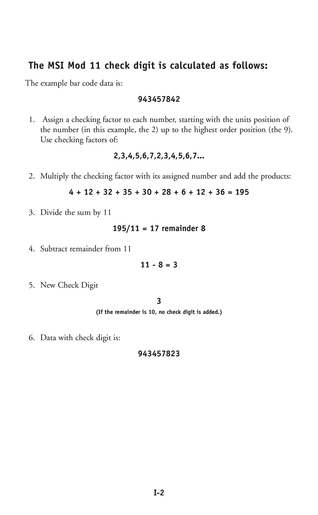 Worth Data P11/12 user manual MSI Mod 11 check digit is calculated as follows 