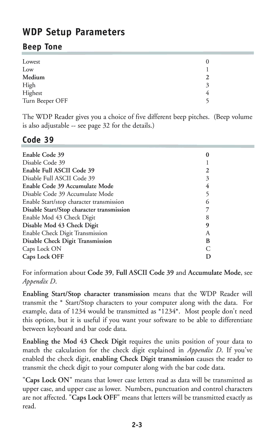 Worth Data P11/12 user manual WDP Setup Parameters, Beep Tone, Code 